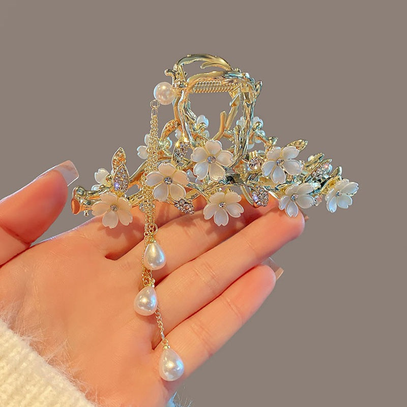Pinza de Pelo de Flores con Perlas y Flecos