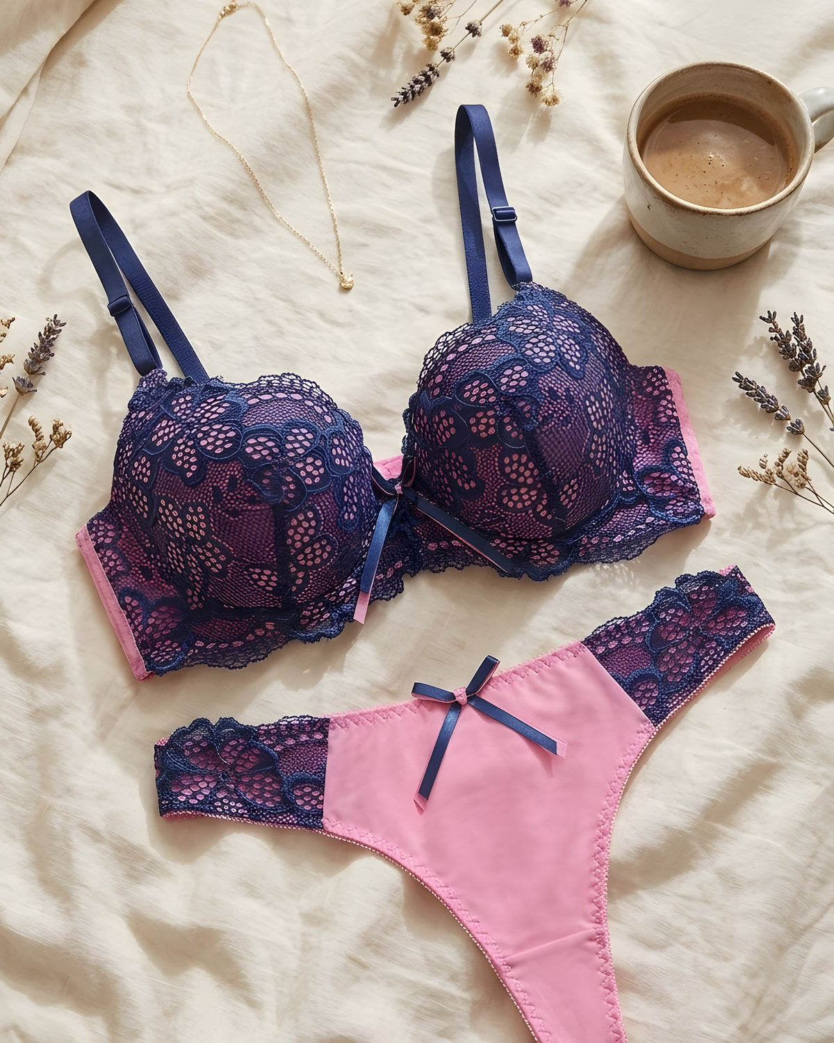 Conjunto de encaje azul marino y rosa con lacito