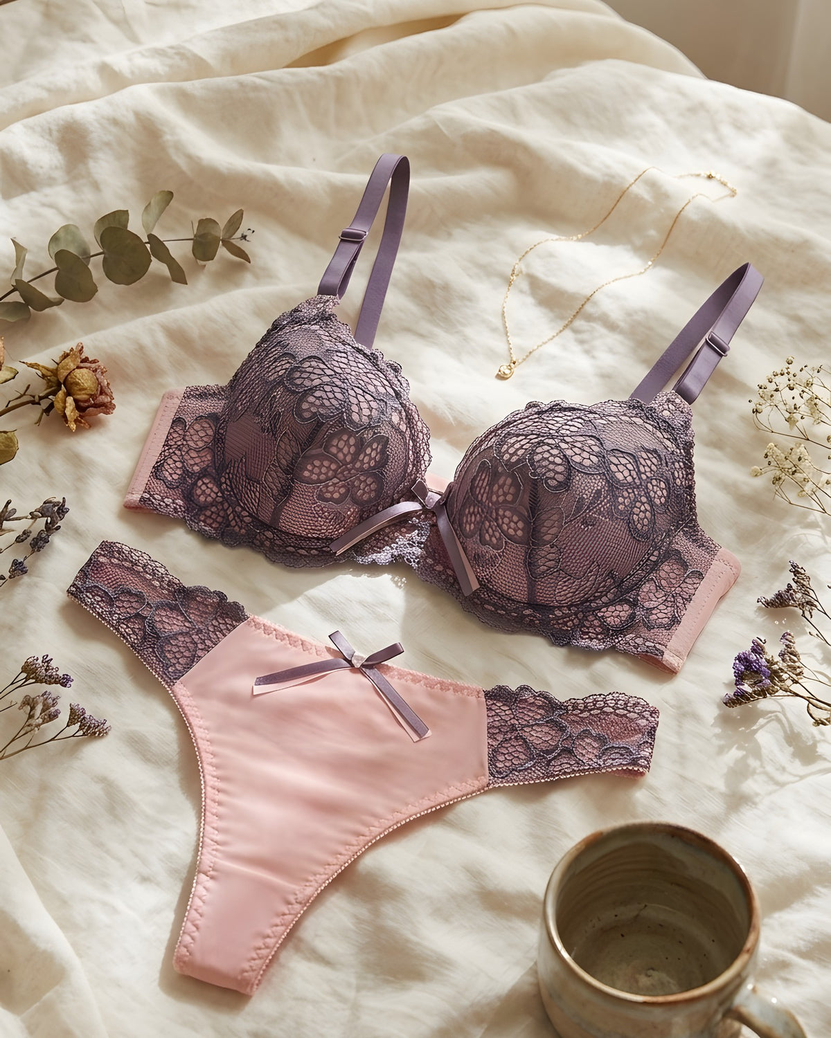 Conjunto de encaje malva con lacito