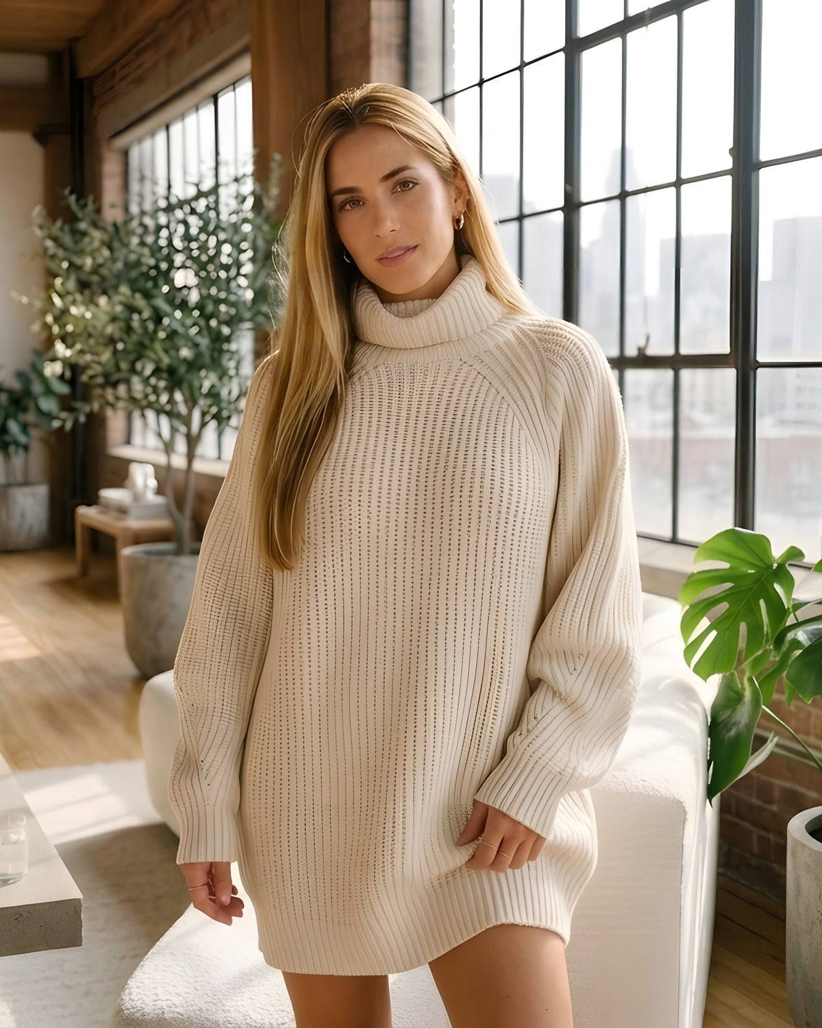 Vestido jersey de punto con cuello alto en crudo