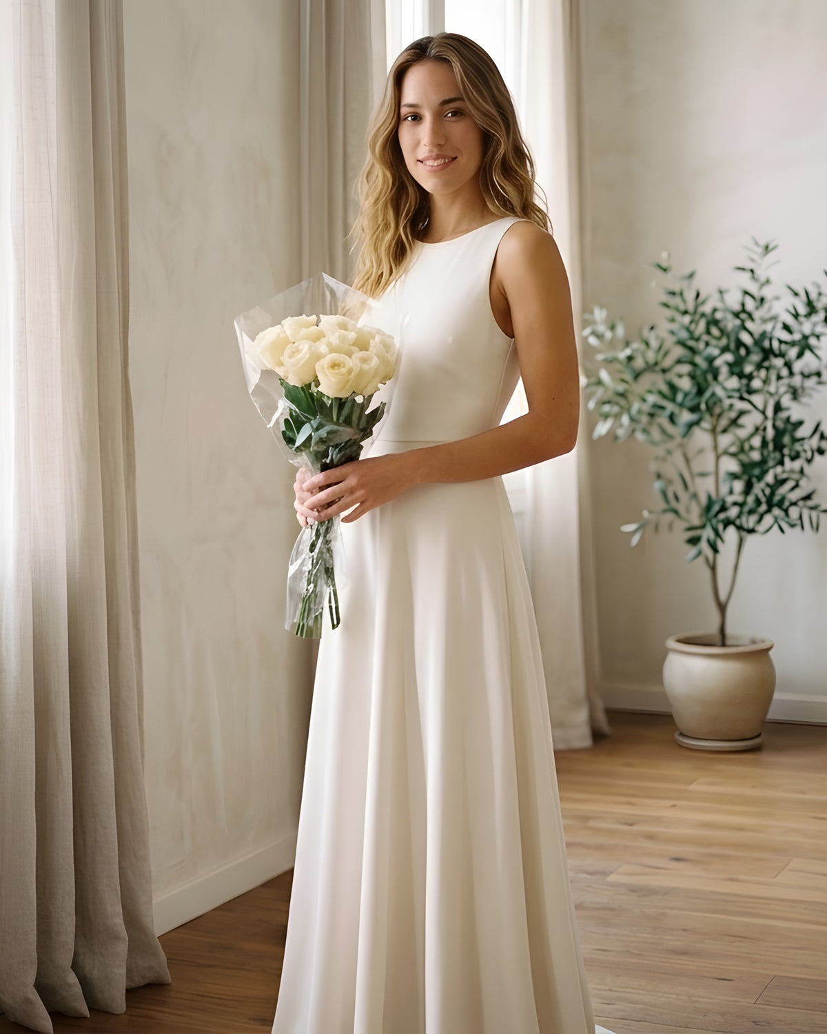 Vestido largo blanco de tirantes anchos con vuelo