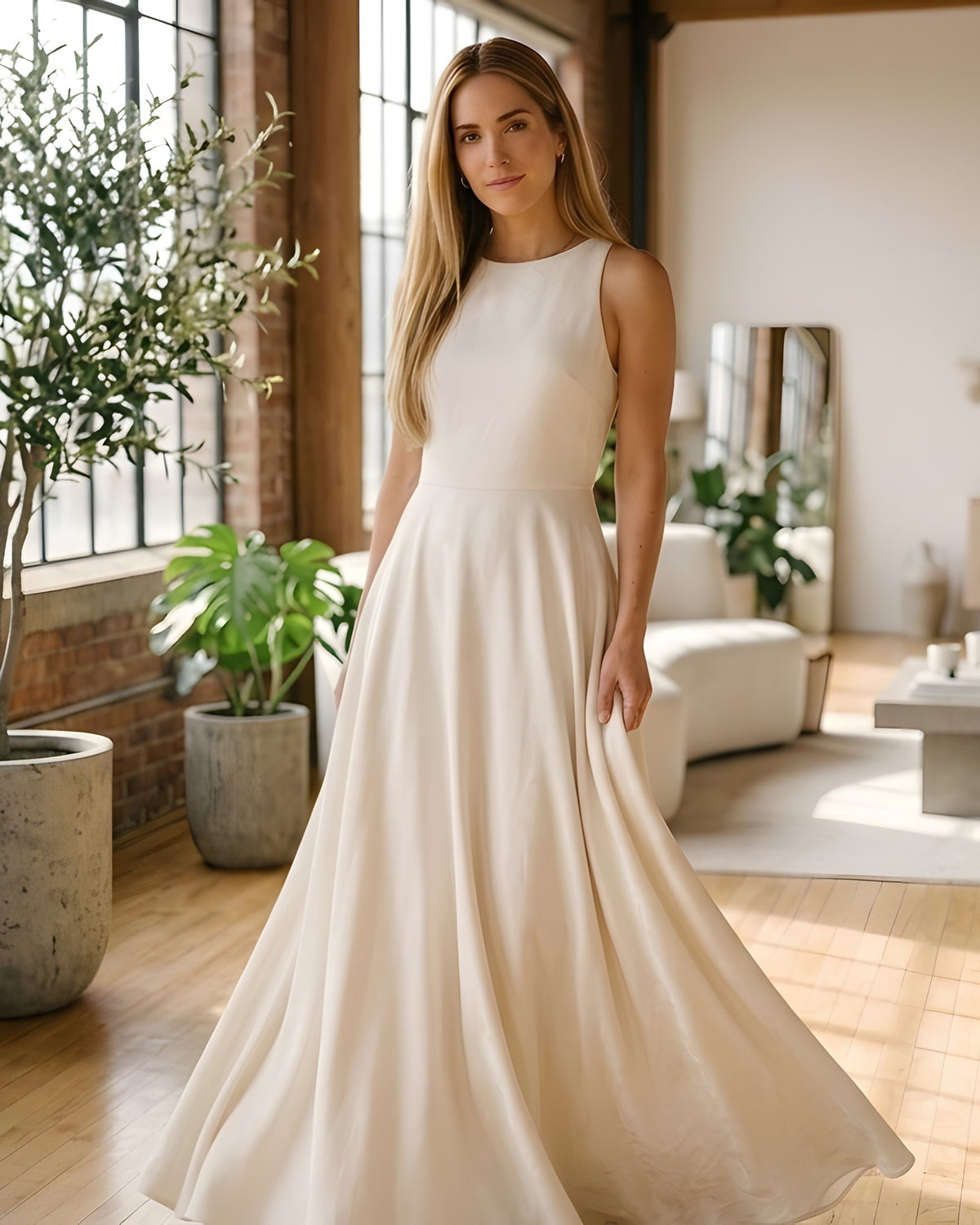 Vestido largo blanco de tirantes anchos con vuelo