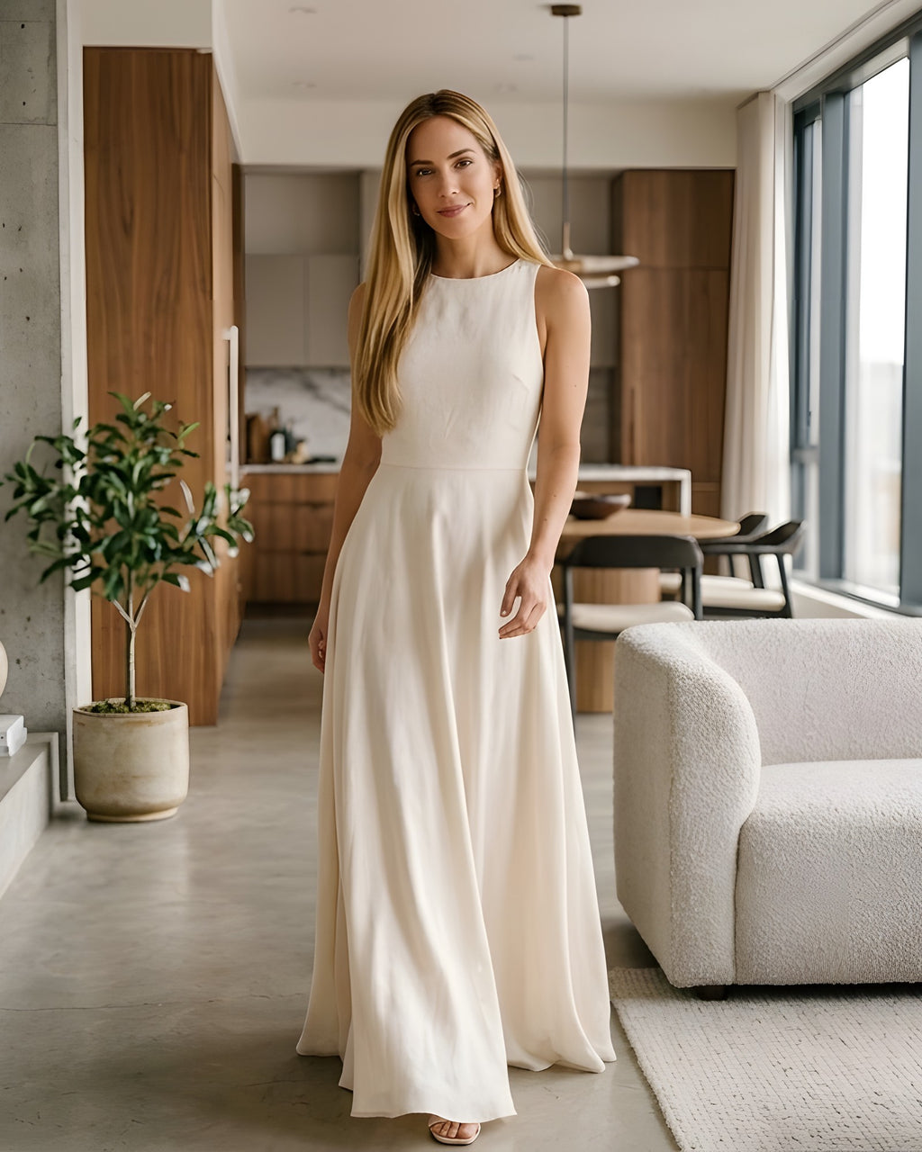 Vestido largo blanco de tirantes anchos con vuelo