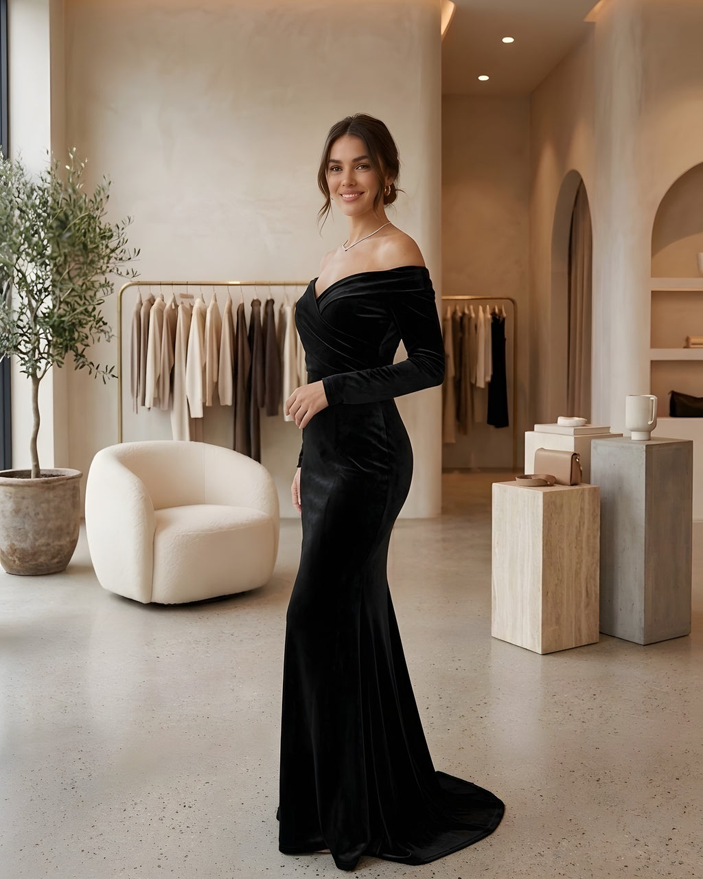Vestido largo de terciopelo negro con hombros descubiertos