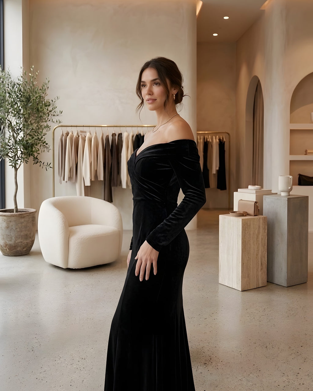 Vestido largo de terciopelo negro con hombros descubiertos