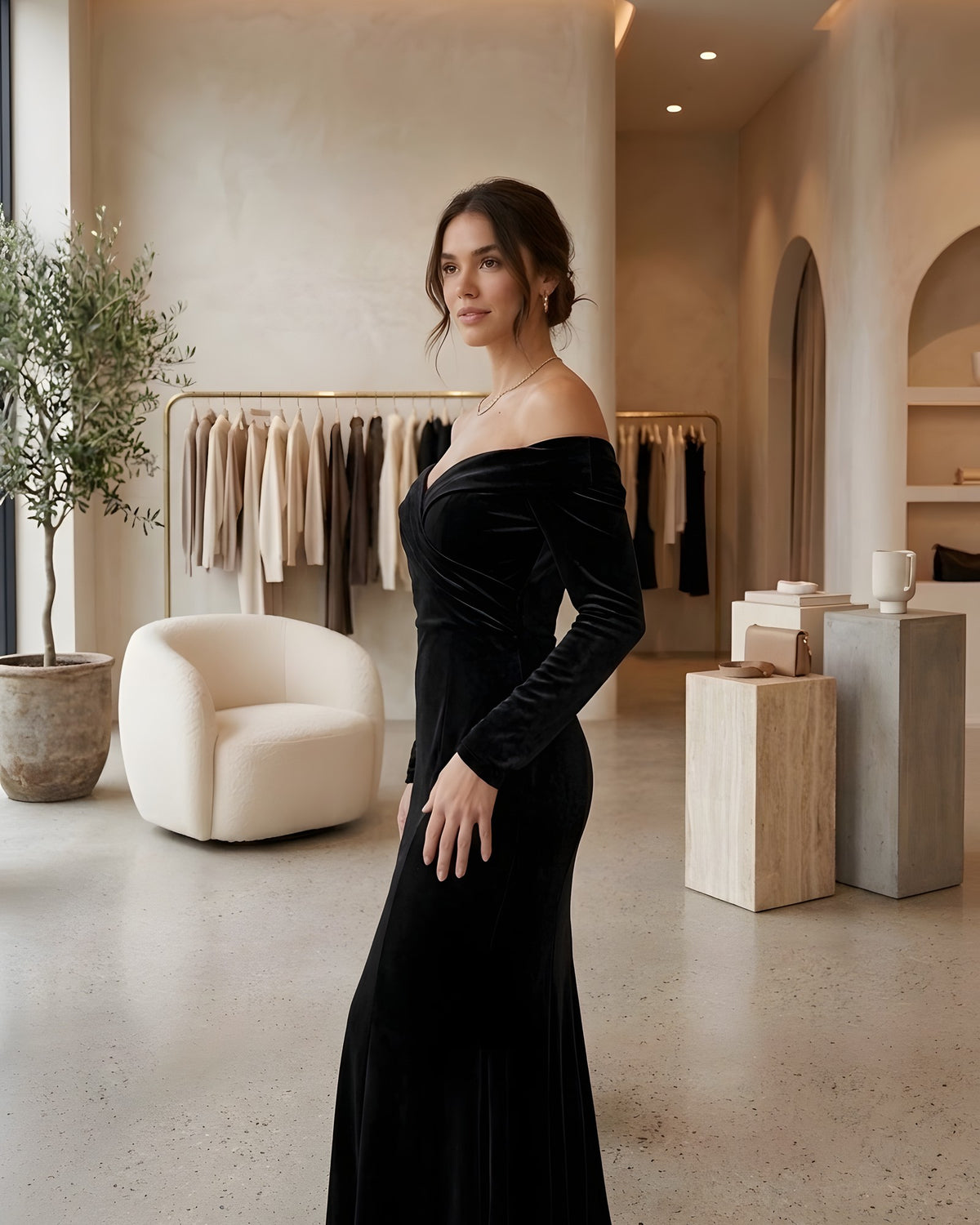 Vestido largo de terciopelo negro con hombros descubiertos