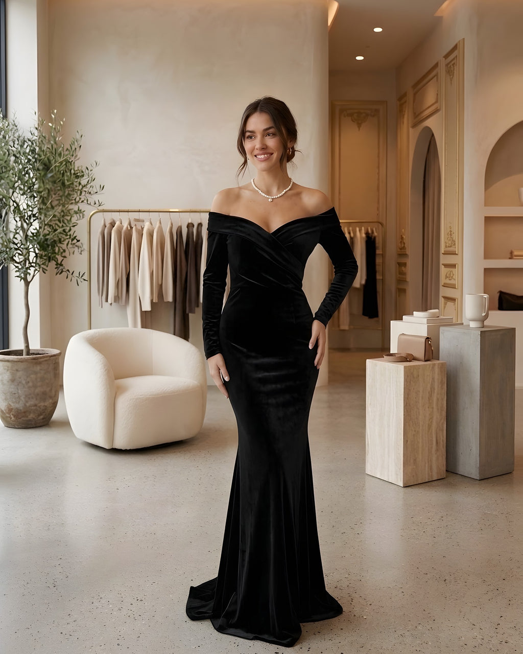 Vestido largo de terciopelo negro con hombros descubiertos