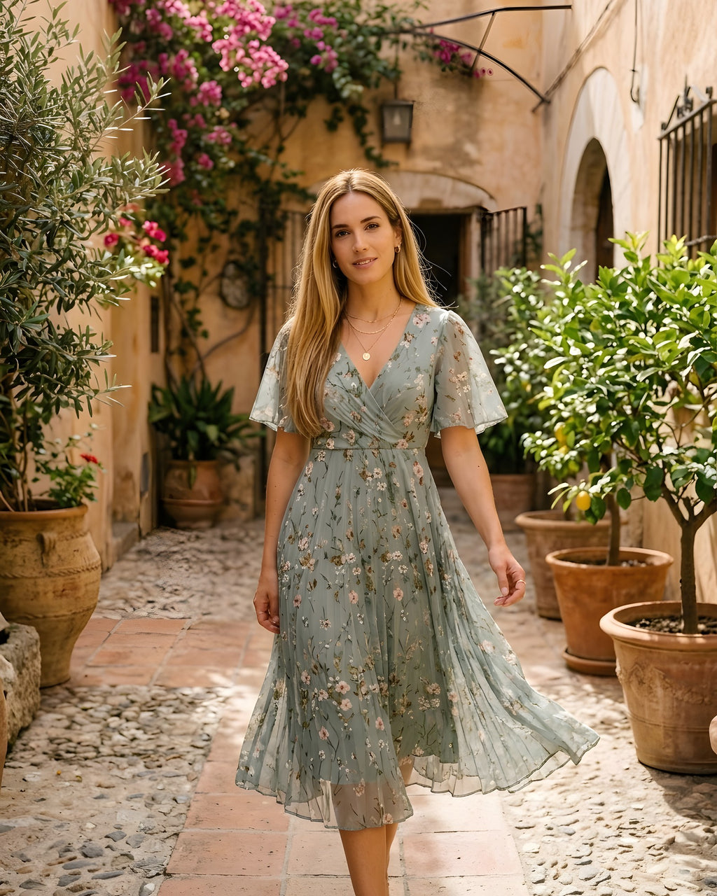 Vestido midi de gasa floral con escote en V