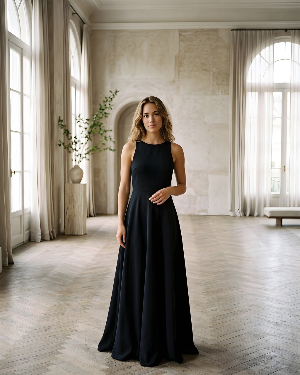 Vestido largo de tirantes anchos con vuelo