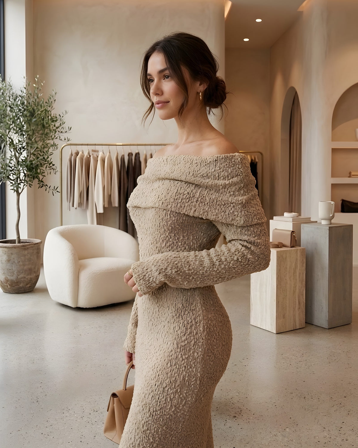 Vestido de punto beige con hombros descubiertos