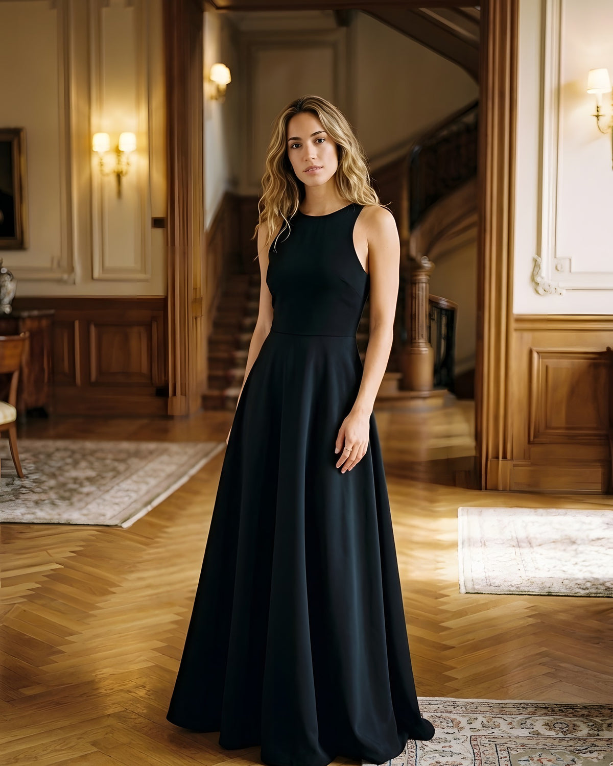 Vestido largo de tirantes anchos con vuelo