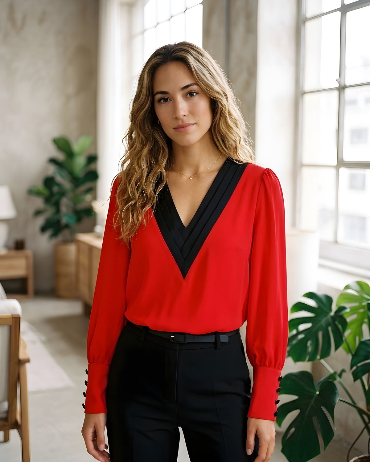 Blusa roja con escote en V ribeteado en negro y puños de botones