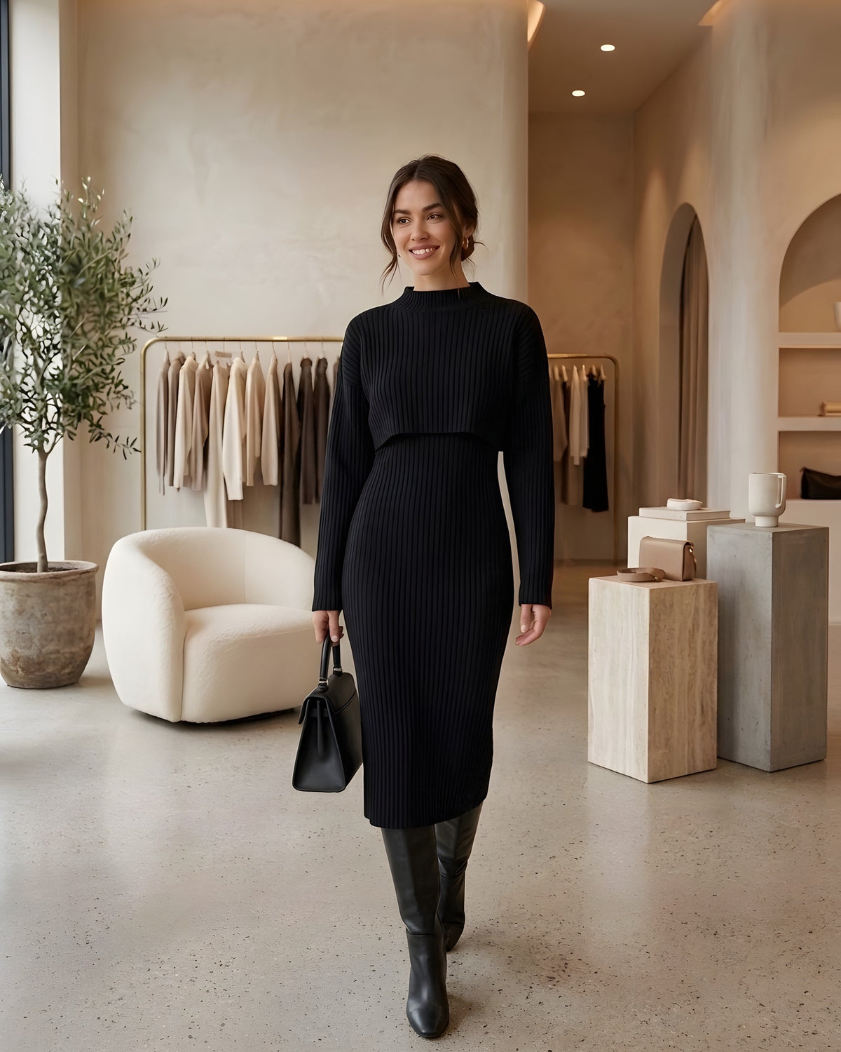Conjunto de punto negro: jersey corto y vestido midi