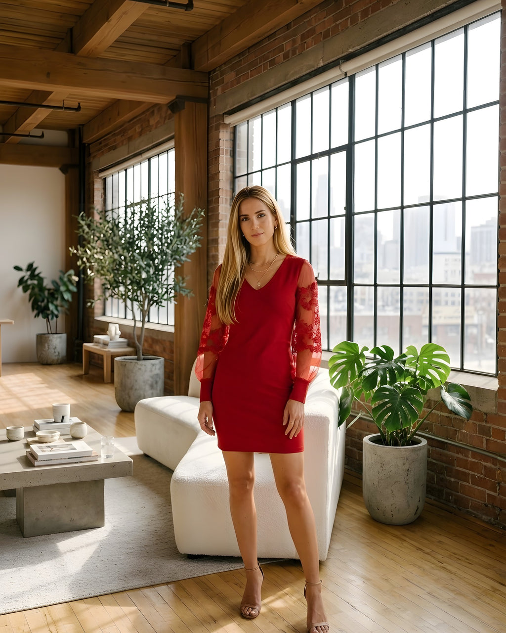 Vestido corto rojo con mangas de encaje bordado