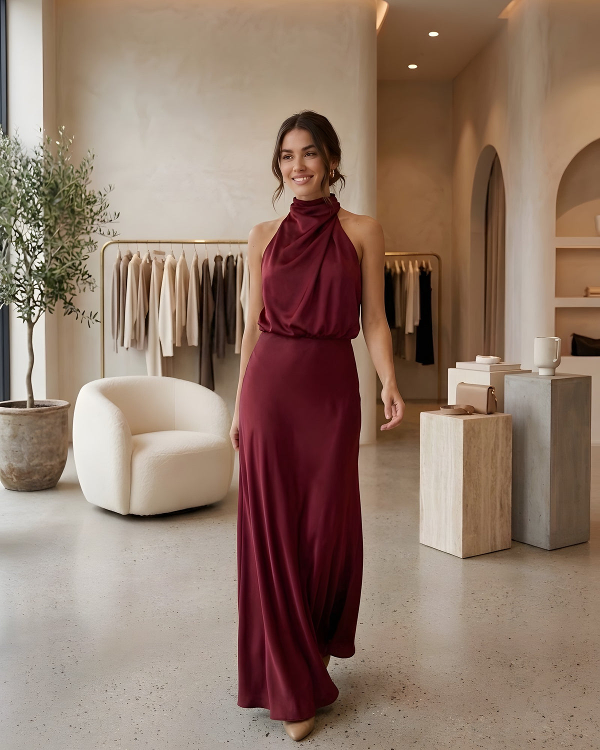 Vestido largo halter drapeado burdeos