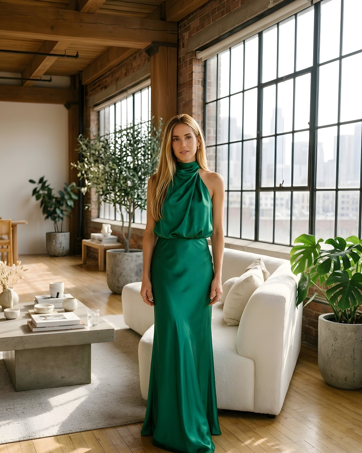Vestido largo halter drapeado verde esmeralda
