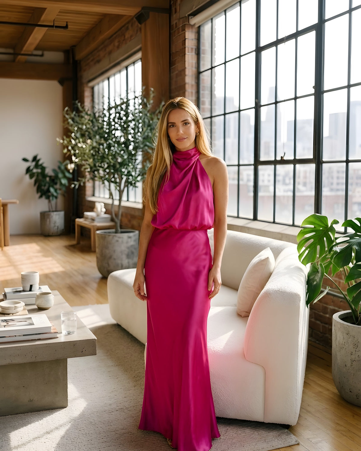 Vestido largo halter drapeado fucsia