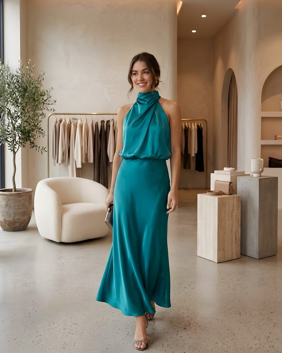 Vestido largo halter drapeado azul petróleo