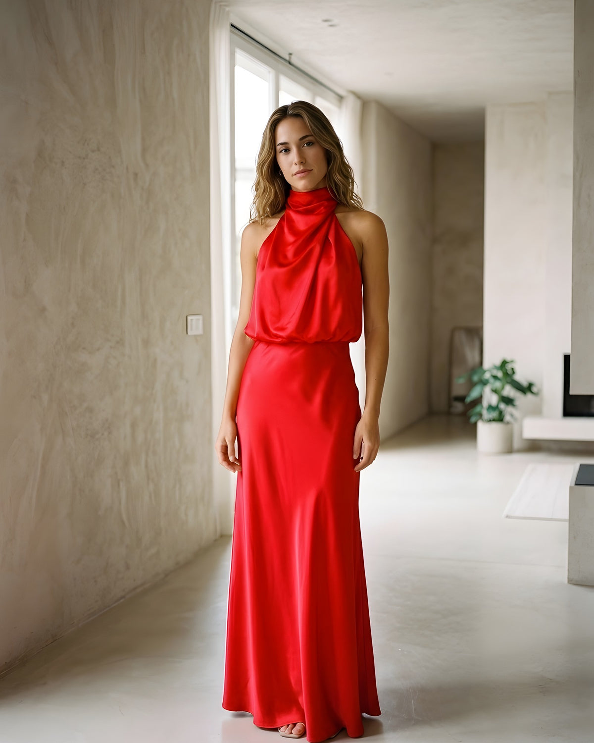 Vestido largo halter drapeado rojo