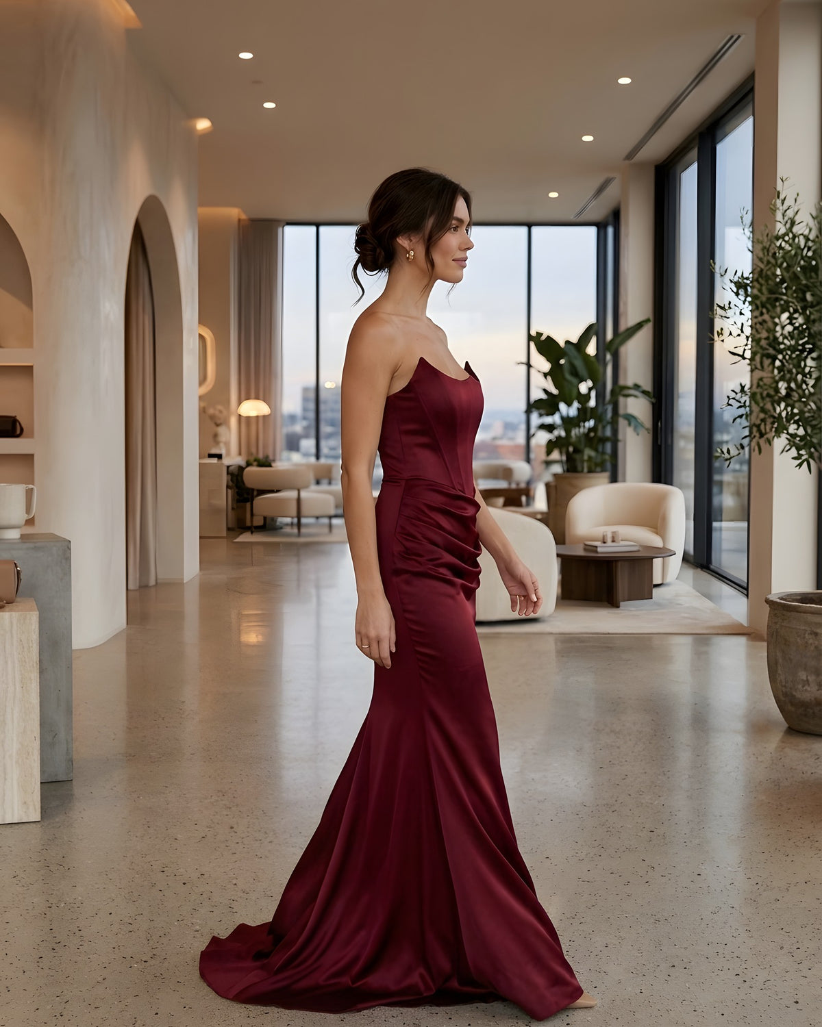 Vestido largo palabra de honor burdeos con corsé y silueta sirena