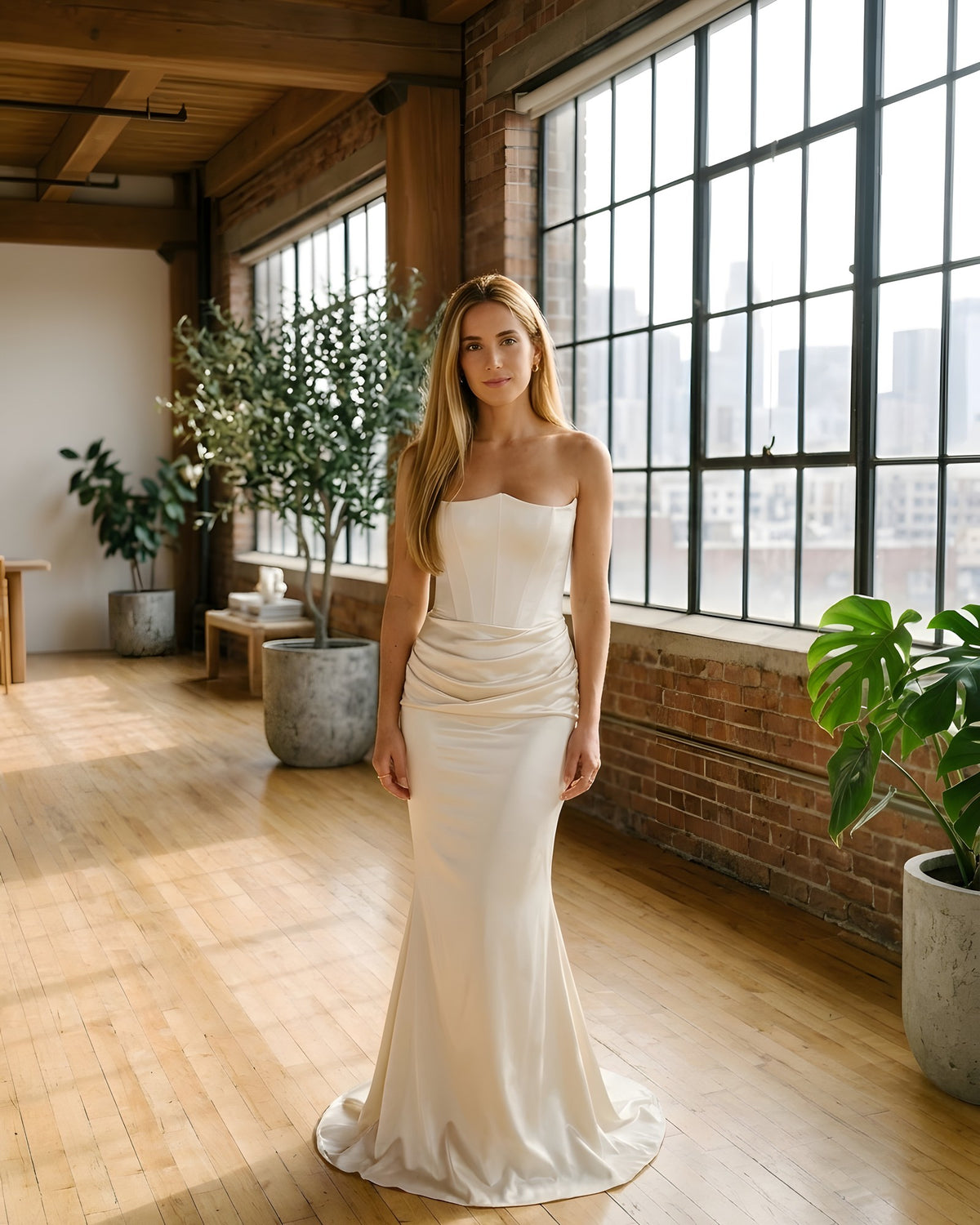 Vestido largo palabra de honor marfil con corsé y silueta sirena