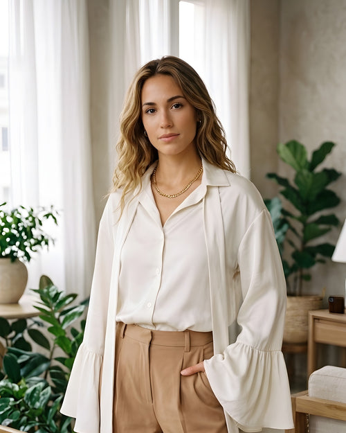 Blusa de satén marfil con lazada al cuello y manga campana