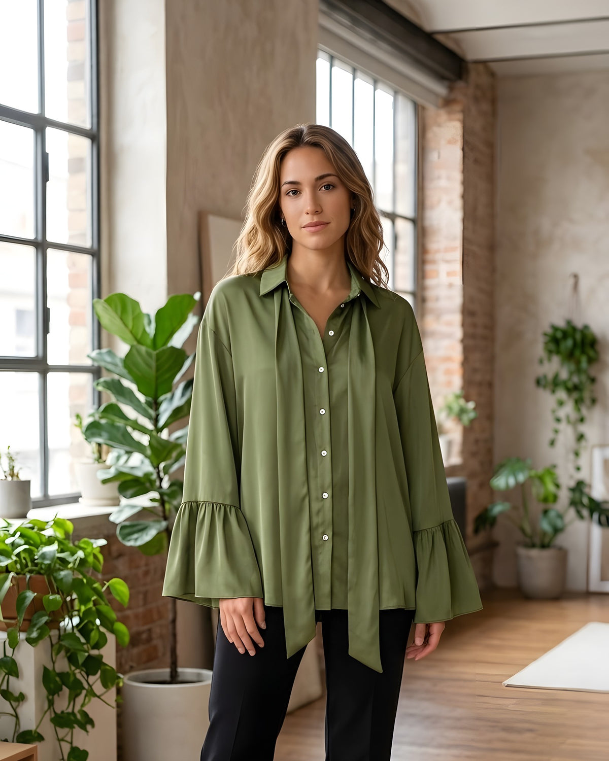 Blusa de satén verde oliva con manga campana y volante