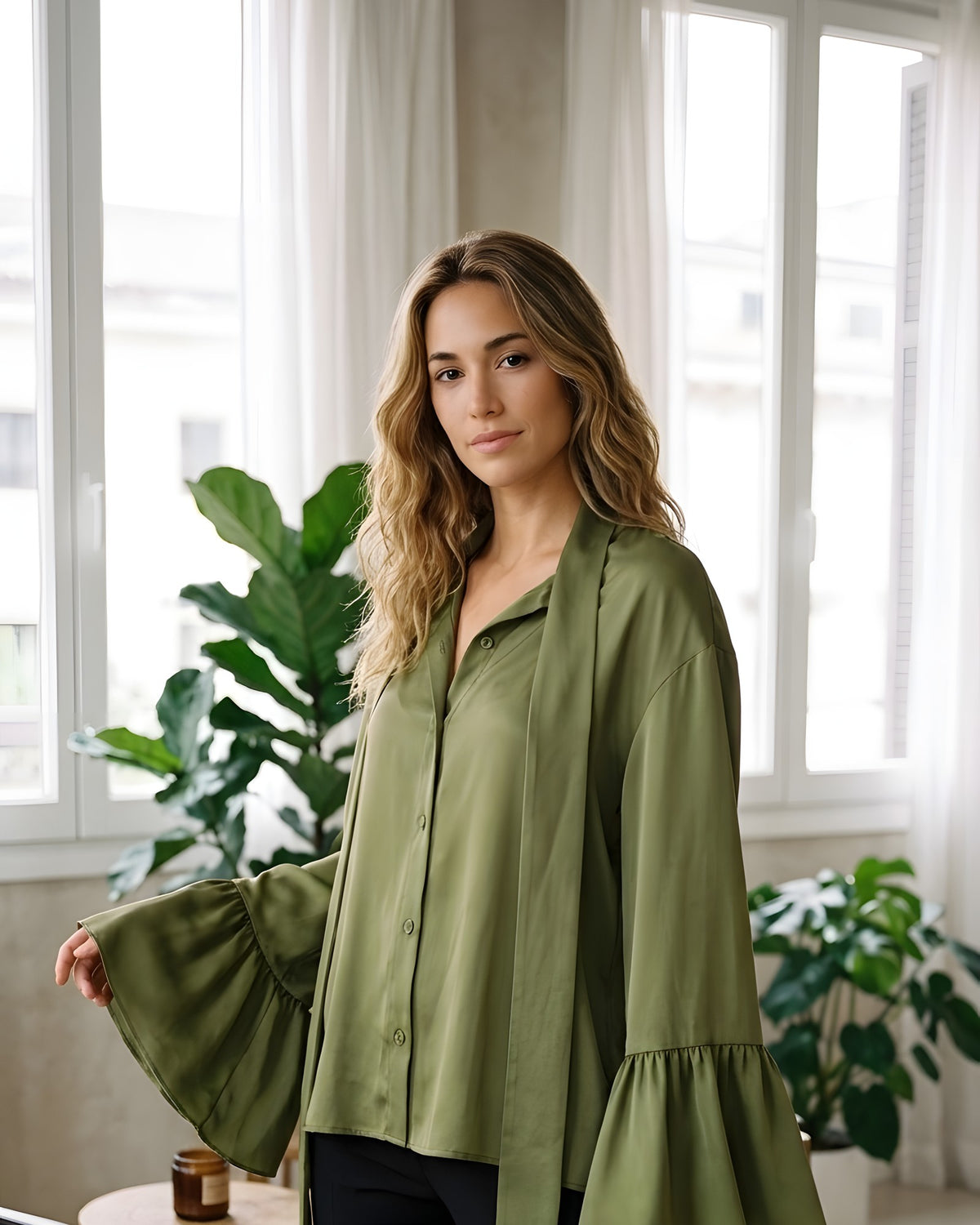 Blusa de satén verde oliva con lazada al cuello y manga campana