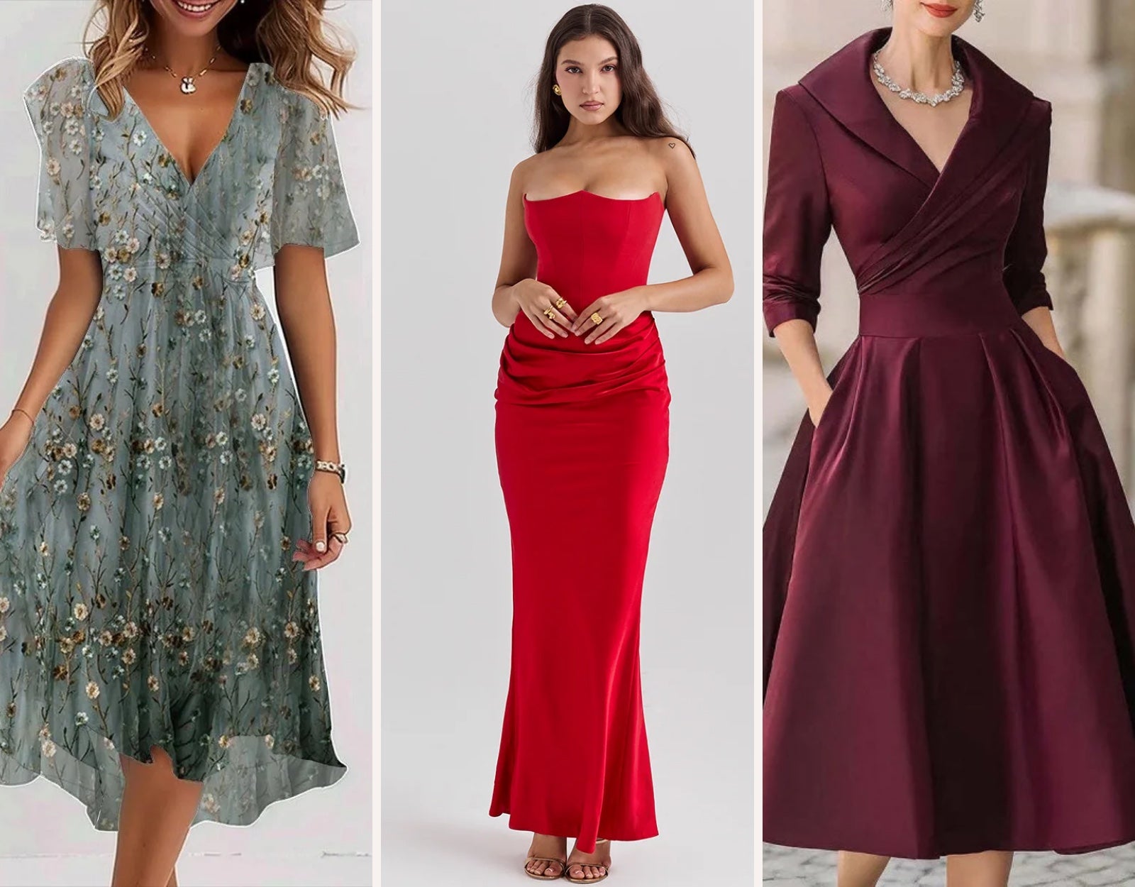 Vestidos de invitada Lola Brava: verde salvia, rojo y burdeos
